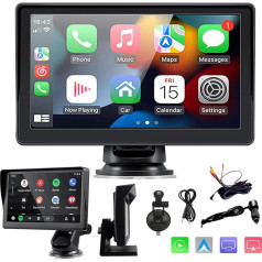 Sunweyer Bezvadu Carplay un Android automašīnas ekrāns, pārnēsājams auto radio, 7 collu IPS skārienjūtīgais ekrāns, atbalsta 1080p aizmugures kameru un Bluetooth/AUX/FM raidītāju