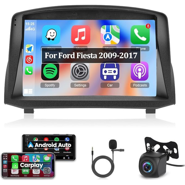 2+64G Android auto radio Ford Fiesta 2009-2017 ar Carplay un Android Car - 9 collu skārienjūtīgais ekrāns radio - WiFi GPS SWC + atpakaļgaitas kamera un mikrofons