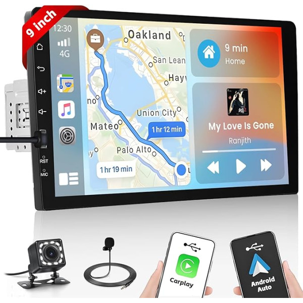 Hikity Auto radio 1 DIN ar Apple Carplay Android auto radio Touch Display ar 9 collu ekrānu Mirror Link FM USB SWC Auto radio Bluetooth ar atpakaļgaitas kameru