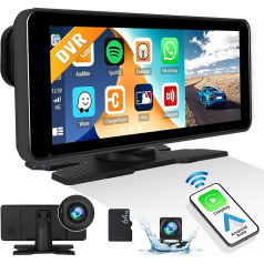 CAMECHO Bezvadu Carplay Android auto, 4K DVR priekšējā kamera + 1080P aizmugures skata kamera, 6,86 collu portatīvais auto radio displejs ar Apple Airplay Android Cast BSD Blind Spot Warning AUX/USB/FM + 64GB TF