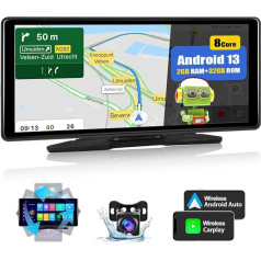 8Core 2G+32G CAMECHO Android 13 Carplay Bezvadu Android auto, 10,36 collu portatīvais displejs ar navigācijas Bluetooth brīvroku zvanu/FM raidītāju/Airplay/Android Cast/WiFi/AUX + atpakaļgaitas kamera