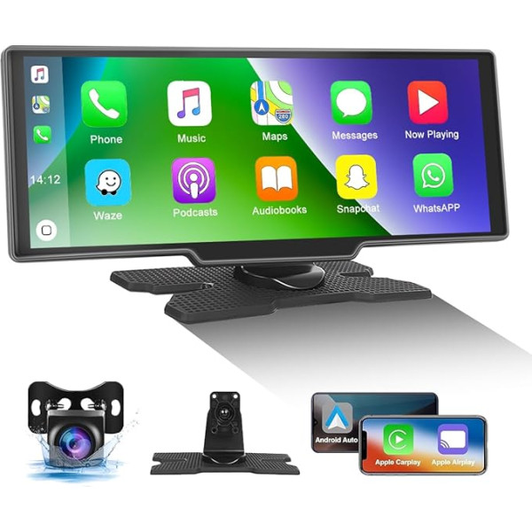 CAMECHO Bezvadu Carplay Android automašīna automašīnai (7-32 V), 10,26 collu displejs, pārnēsājams ar Apple Airplay/Android MirrorLink/Siri/Google/Bluetooth/FM raidītājs/AUX/TF+ atpakaļgaitas kamera