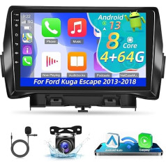 4+64G 9 Zoll Android Autoradio mit Carplay und Android Auto für Ford Kuga Escape 2013-2018- 8 Kern Touchscreen Radio - WiFi GPS DSP Split Screen Voice Assitance + Rückfahrkamera & Mic