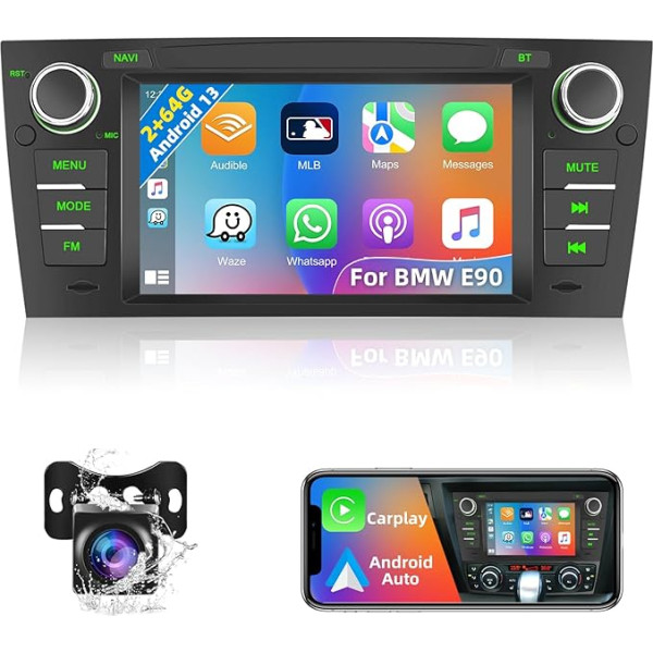 Carplay/Android automašīnas 7 collu 2GB + 64GB Double DIN radio ar navigāciju/Bluetooth WiFi/GPS/HiFi/RDS/USB/FM/SWC/RCA+AHD aizmugures skata kamera + mikrofons