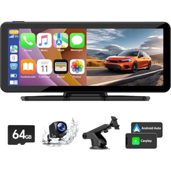 Apple Carplay bezvadu Android auto displejs ar 2.5K Dash Cam, 1080P aizmugures skata kamera, portatīvais auto radio ar ekrānu 6,86 collas, Siri/Google/Bluetooth/GPS/FM/Mirror Link/Loop Recording/64G SD karte