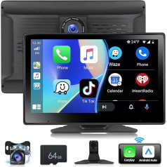 Podofo Pārnēsājams auto radio ar bezvadu Apple Carplay un Android ar Dash Cam, 10,1 collu skārienjūtīgais ekrāns, Bluetooth, FM pārraide, Apple Airplay, Mirror Link