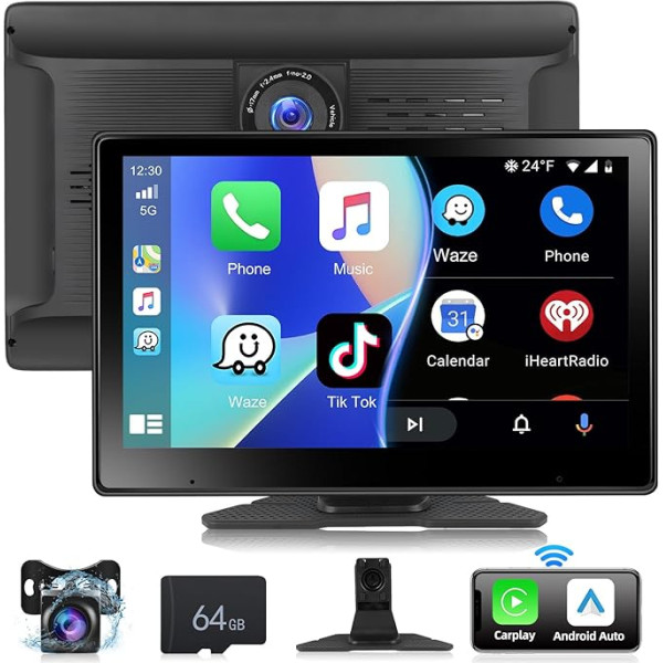 Podofo Pārnēsājams auto radio ar bezvadu Apple Carplay un Android ar Dash Cam, 10,1 collu skārienjūtīgais ekrāns, Bluetooth, FM pārraide, Apple Airplay, Mirror Link