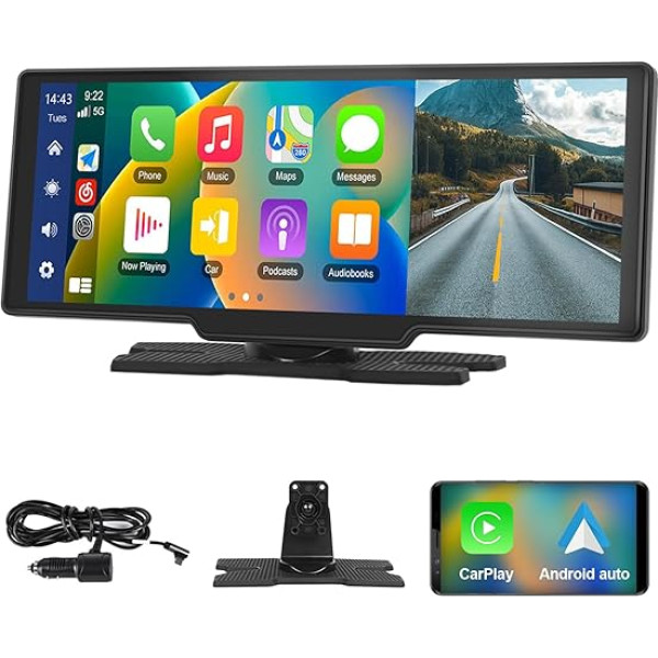 Podofo 10,26 collu IPS pārnēsājamais auto radio ar bezvadu A-pple Carplay Android autoreģistratora ekrānu, 7-32 V skārienekrāns ar balss asistentu/Bluetooth/FM raidītāju/AUX/GPS navigāciju/Airplay