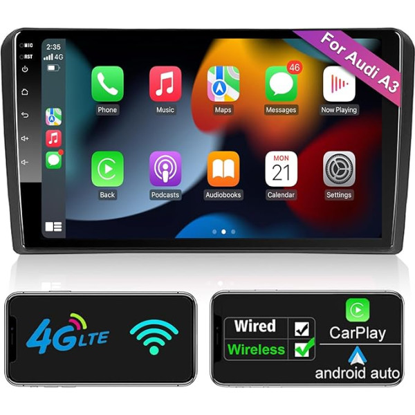 Android Autoradio CarPlay & Android Auto für Audi_A3 S3 RS3 2GB+32GB 9 Zoll QLED Bildschirm AM FM RDS Radio WiFi Bluetooth Autoradio mit Navi Bluetooth Freisprecheinrichtung