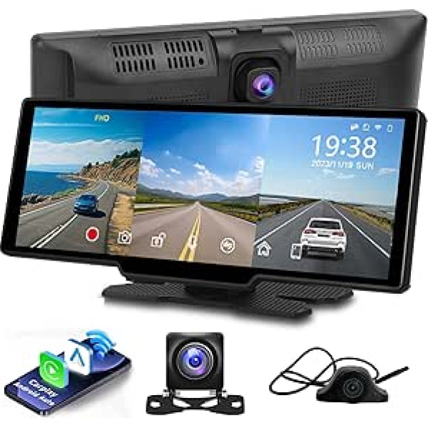 Hodozzy 10,26 collu bezvadu autoradio Apple Carplay ar 2,5K Dashcam, 1080P 2x aizmugures skata kamera, portatīvais skārienjūtīgais GPS navigācijas ekrāns kravas automašīnai ar Bluetooth FM raidītāju AirPlay AUX