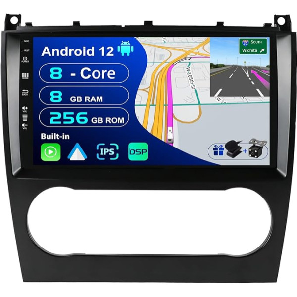 BXLIYER - [8G+256G] - Android 12 IPS autoradio Benz C klases W203 W209 C180 C200 CL203 C209 (2004-2007) - Bezvadu CarPlay/Android auto - Kamera un mikrofons - 9 collu 2 DIN - DAB SWC Fast-Boot 3 60-CAM