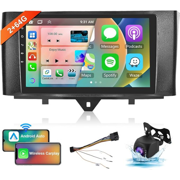 8 Core 2 + 64G Hodozzy Carplay Auto Radio priekš Mercedes-Benz Smart Fortwo W451 2011-2015 Android auto radio ar satelītnavigāciju, 9 collu skārienekrāns ar Android Auto/Mirror