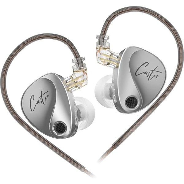 KZ Castor In Ear Monitor, Dual Dynamic Driver, vadu IEM austiņas, HiFi In Ear austiņas, skaņas regulēšana, trokšņu izolācija, noņemams 2 kontaktu kabelis (sudraba, bez mikro)