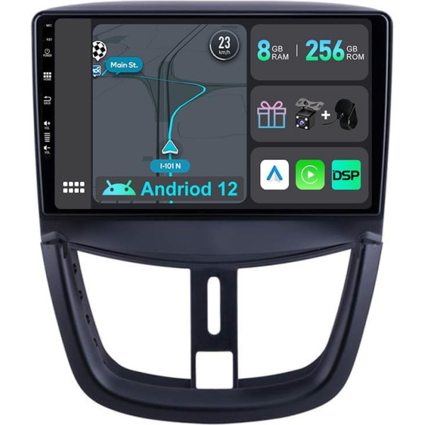 YUNTX [8GB + 256GB] Android 12 autoradio Peugeot 207 (2006-2015)-[Integrēts CarPlay/Android Car/DSP/GPS]-9 collu IPS Touch Screen CAM+MIC-DAB/Mirror Link/Bluetooth 5.0/AHD/360 Camera/WiFi/USB/4G