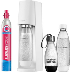 SodaStream TERRA Value Pack ūdens karbonizators ar CO2 balonu, 2 x 1 L trauku mazgājamās mašīnā mazgājamas plastmasas pudeles un 1 x 0,5 L trauku mazgājamās mašīnā mazgājama plastmasas pudele, augstums 44 cm, balts, 1012813490