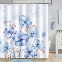 Bonhause dušas aizkars Blue Flowers dušas aizkari 180 x 180 cm Anti-Mould ūdensizturīgs poliestera auduma mazgājams vannas istabas aizkars vannas istabai ar 12 āķiem