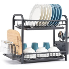 KINGRACK Dish Drainer 2-Tier Dish Drainer with Drip Trays Cutlery Holder Cup Holder Chopping Board Holder & Draining Board Large Dish Drainer Basket for Kitchen Worktop