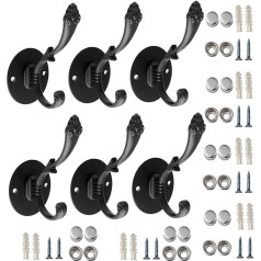 Antique Hooks, Pack of 6 Retro Wall Hooks, Retro Coat Hooks, Vintage Retro Double Layer Hooks Design with Screws for Kitchen, Bathroom, Bedroom - Black