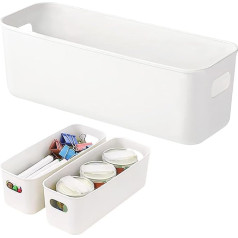 Pack of 3 Storage Boxes, Plastic Storage Baskets, Organiser with Handles, Kitchen Cabinet Storage Baskets for Drawers, Kitchen, Home, Bathroom, 28 x 9 x 11 cm (White)