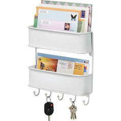 mDesign Key Rack with Shelf - Versatile Metal Key Rack with Plastic Mesh Accents - with 2 Letter Trays for Mail and Magazines - White