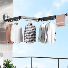 XQZMD Wall-Mounted Clothes Rack with Suction Cup, Aluminium Clothes Airer, Retractable with 15 Hooks, Space-Saving, Foldable Clothes Airer for Balcony, Laundry