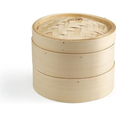 Ken Hom Excellence KH506 Bambusa tvaicētājs 20 cm Āzijas tvaicētāja grozs ar 2 līmeņiem Dim Sum, dārzeņiem, gaļai, ar vāku un 2 bambusa tvaicētāja grozi, nav piemērots mazgāšanai trauku mazgājamā mašīnā