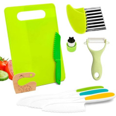 TEVILIK Kindermesser 9-teiliges Kinder-Küchenmesser-Set zum Schneiden und Kochen von Obst oder Gemüse für Kleinkinder, Holzmesser, Schneidebrett - Geschenk für Kinder ab 3 Jahren