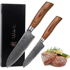 Wakoli Edib Pro Premium 2 Santoku Damaskas nažu komplekts ar 11 un 16 cm asmeni, 67 slāņiem īsta damaskas tērauda ar Pakka koka rokturi I Damaskas nažu virtuves nažu komplekts un profesionāls pavāra nazis