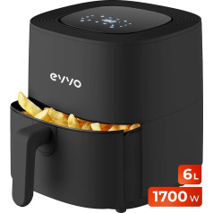 EVVO Luftfritteuse ohne Öl, 6 l, 1700 W, Antihaftbehälter, Dual-Cyclone-Technologie, Multifunktion, Backen, Entwässerung, Auftauen, bis 200 °C, automatische Abschaltung, Schwarz