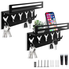 Galerie SV Pack of 2 Key Rack, Key Holder, Black Steel with 5 Hooks, Key Organiser with Shelf, Suitable for Entrance, Front Door, Hallway, Bedroom, Office (Matte Black)