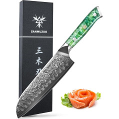 SANMUZUO Damaskas nazis 18 cm Santoku nazis - japāņu virtuves nazis - VG 10 Damaskas tērauda virtuves nazis ar sveķu rokturi - Xuan sērija (smaragdzaļš)