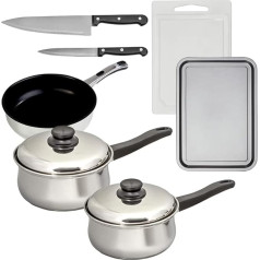 UNIKITOUT | 10 Essentials Gold Cooking Set | Nerūsējošā tērauda panna, vidēja un liela nerūsējošā tērauda panna, cepamais paplātes, kapājamā dēlis, virtuves nazis, universālais nazis | Ēdiena gatavošanas piederumi