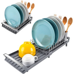 Litimkat Dish Drainer Crockery Compact Expandable Dish Drainer with Cutlery Drainer Stainless Steel Collection Tray 28-47 cm (Grey)