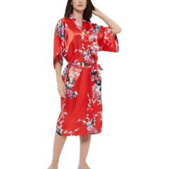 Sieviešu satīna rožu drukas kimono halāts Premium Peacock Bridesmaid Bridesmaid Dressing Gown Sleepwear Sleepwear, Peacock Blossom Red