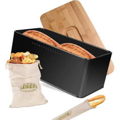 TWBEST Bread Bin, Bread Box, Bread Storage Box with Bread Bin and Chopping Board with Lid, Including Two Fabric Pockets, Rectangular Metal Bread Bucket, Fresh Bread Bin, 33 x 18 x 13.5 (Black)