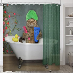 ASDCXZ Dušas aizkars Funny Cat 180 x 200 cm, Funny dušas kabīnes Cat Rose Red Flowers Bērnu mazgājams vannas istabas dušas aizkari Ūdensizturīgs poliestera tekstila dušas aizkars vannai ar 12 dušas aizkaru dušas aizkaru