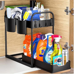 Phantasy Kitchen Cabinet Organiser with Armrest, 2 Levels Under Sink Shelf with 4 Hooks and 2 Cups, Storage Under Sink, Extendable Basket Under Cabinet Base, Black