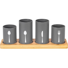 Innoteck Essentials 4-Piece Kitchen Cutlery Holder Set - Modern Farmhouse Kitchen Decor - Natural Bamboo - Matte Grey Utensil Pot - Vintage Organizer - Kitchen Tool Caddy - Storage On