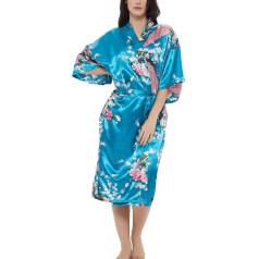 Sieviešu satīna rožu drukas kimono halāts Premium Peacock Bridesmaid Bridesmaid Dressing Gown Sleepwear Sleepwear, Peacock Blossom Blue