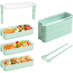 LLGGGLEU 3-līmeņu Bento Box 3-in-1 ēdiena sagatavošanas kastes ar dakšiņu un karoti, 900 ml pusdienu kaste ar nodalījumiem pieaugušajiem Bērnu pusdienu kaste skolai, darbam, piknikam, ceļojumiem (zaļa)