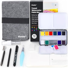 Funto Travel Watercolour Set, 12 Colours, 10 Premium Watercolour Postcards, Travel Watercolour Brush, Water Brush Pen, Fineliner, Pencil and Spray Bottle, Painting Set for Adults, Beginners
