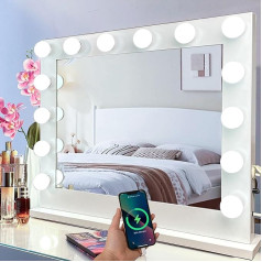 Meidom Hollywood Mirror with Lighting, 80 x 67 см, с 14 съемными лампочками, с USB, 6500 K, Dimmable, Large Make-Up Mirror with Lighting, Table Top or Wall Mount, White