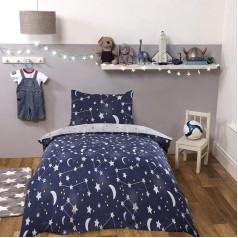 DREAMSCENE Bettbezug mit Kissenbezug - Bettwäsche-Set mit Galaxie-Sternen- und Mond-Print, Wendbar, Marineblau Grau - Junior/Babybett-Größe