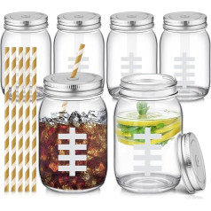 Maxcheck 6 Pack Football Fan Glass Mason Jar ar salmiņu un vāku, 16 unču stikla tumbleris, futbola kafijas krūze, futbola dāvanas vīriešiem, sievietēm, Playoffs, ballītei, dzērieniem, dzeršanai,