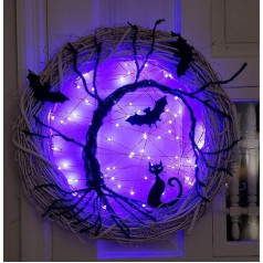 Halloween-Kränze für Haustür, 37,8 cm beleuchteter Fledermaus- und Katzenkranz mit lila LED-Lichtern, batteriebetriebener Halloween-Türkranz Dekorationen