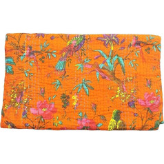 PUSHPACRAFTS Kantha-Steppdecke / Bettüberwurf für King-Size-Betten, Motiv: Baum des Lebens, Orange, Vogel-Druck, Größe: 228 x 274 cm