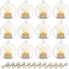 Sziqiqiqi 8 cm Hanging Glass Tea Light Holder 12 Pieces Candle Holder Glass Pendant with LED Candle, Hanging Glass Ball Candle Holder Candle Holder Candle Holder for Wedding Party Table Christmas Garden Decoration