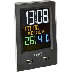 TFA Dostmann Charge-IT digitaler Funk-Wecker, 60.2537.01, mit USB-Ladefunktion, Raumklima, mit Kurzschlaftimer, schwarz, L 95 x B 61 x H 133 mm