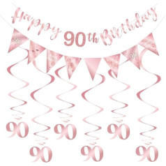 SZHUIHER 90 Geburtstag Dekoration Kit für Frauen, Happy 90th Birthday Banner Wimpelkette Wirbel Luftschlangen, Dreieck Flagge Banner für Geburtstag Party Dekorationen Supplies Roségold 90