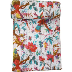 PUSHPACRAFTS Kantha-Steppdecke / Bettüberwurf für King-Size-Bett, Motiv Baum des Lebens, Weiß mit Vogelmotiv, 228 x 274 cm